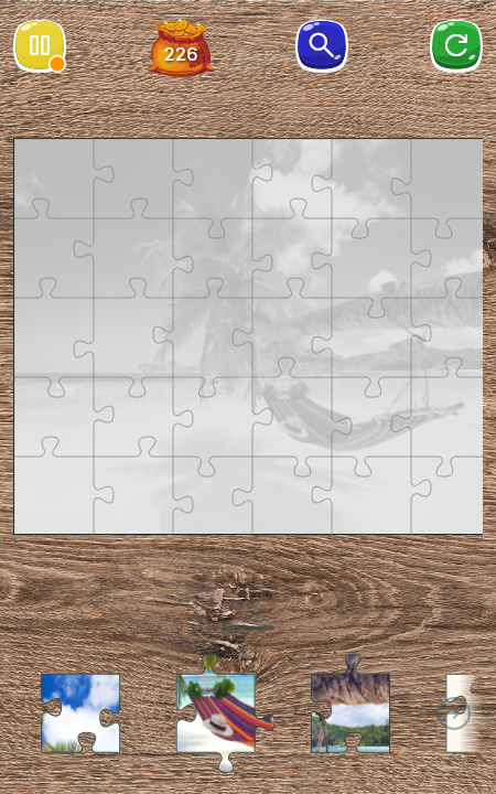 A jigsaw puzzle in progress with most pieces assembled into a tropical scene, and remaining loose pieces at the bottom of the screen