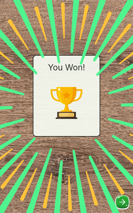 The victory screen showing 'You Won!' with a trophy on a colorful confetti background