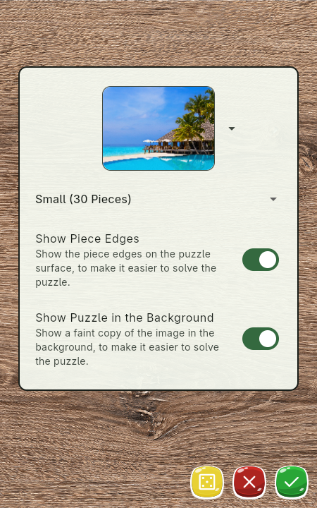 The new game screen showing a 30-piece puzzle selection with options to show face edges and show the puzzle in the background