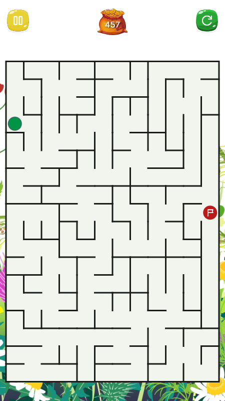 A maze puzzle in progress showing the marble near the start (green dot) and the exit (red dot), with a score counter at the top