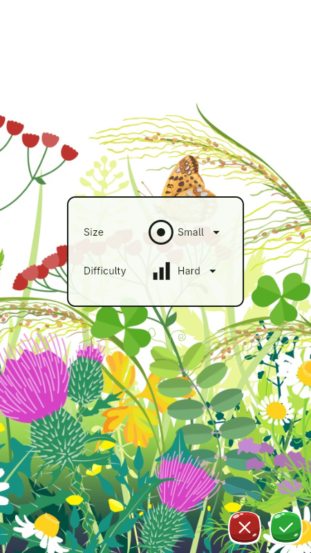 The new game screen showing options for maze size (Small) and difficulty, against a floral background