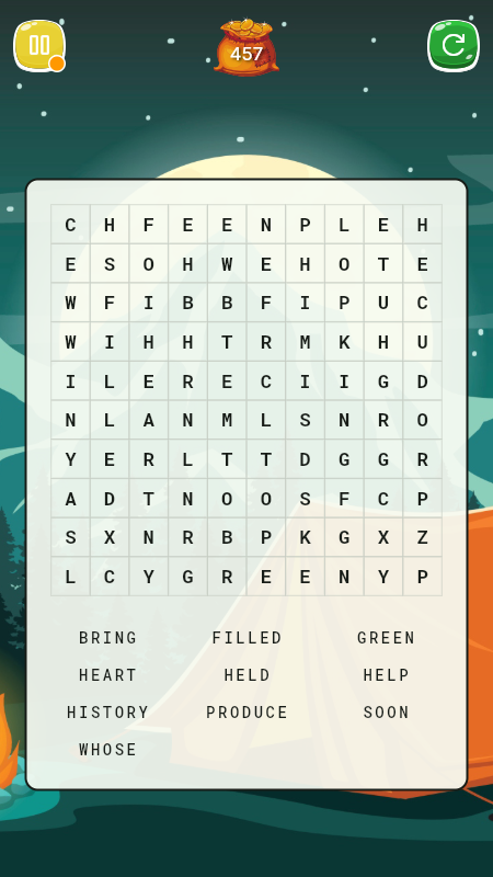 The Word Search game board showing a grid of letters with a list of words to find including BRING, FILLED, GREEN, HEART, HELP, HISTORY, PRODUCE, SOON, and WHOSE