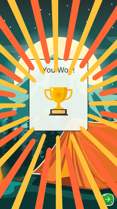 The victory screen showing 'You Won!' with a trophy on a colorful starburst background