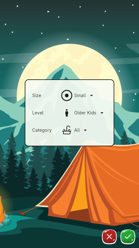 The new game screen showing options for grid size, dictionary level (Older Kids), and word category (All), on a night camping scene background
