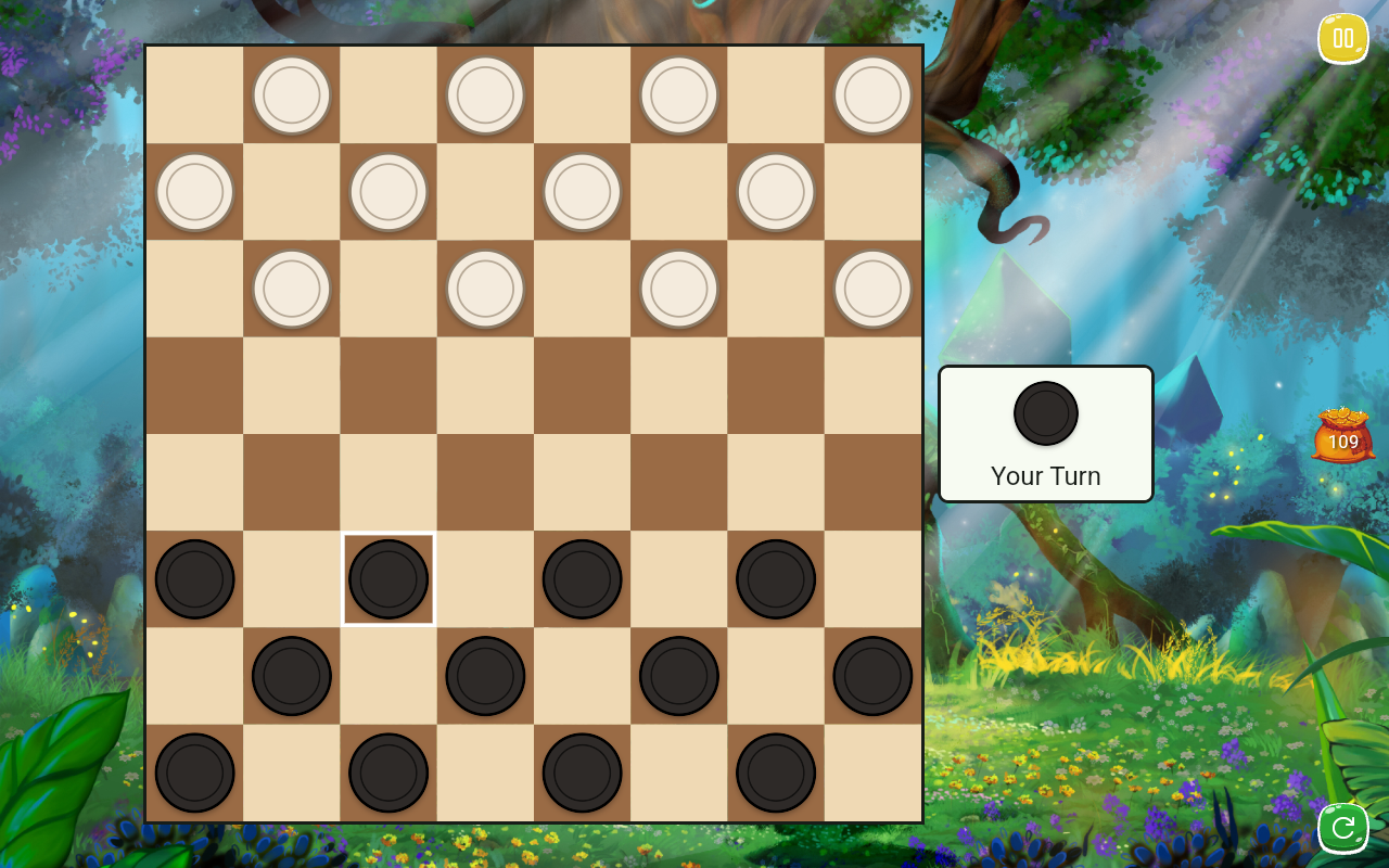 A game of Checkers about to start, with the black and white pieces lined up on the board and a note that it is your turn