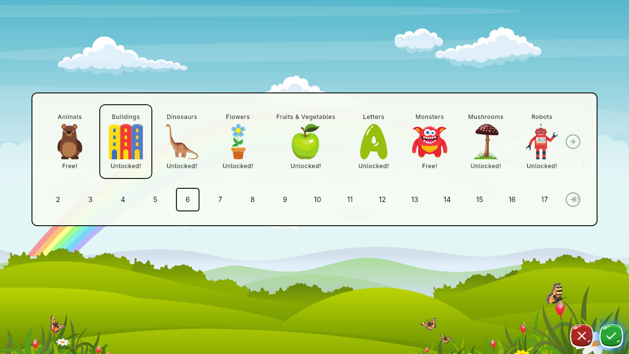 The Concentration new game screen, where you choose the options for your next game