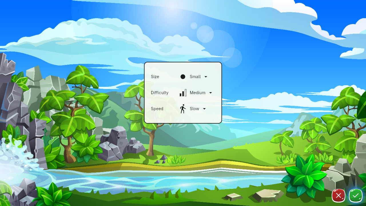 The Mazes new game screen, where you choose the options for your next game