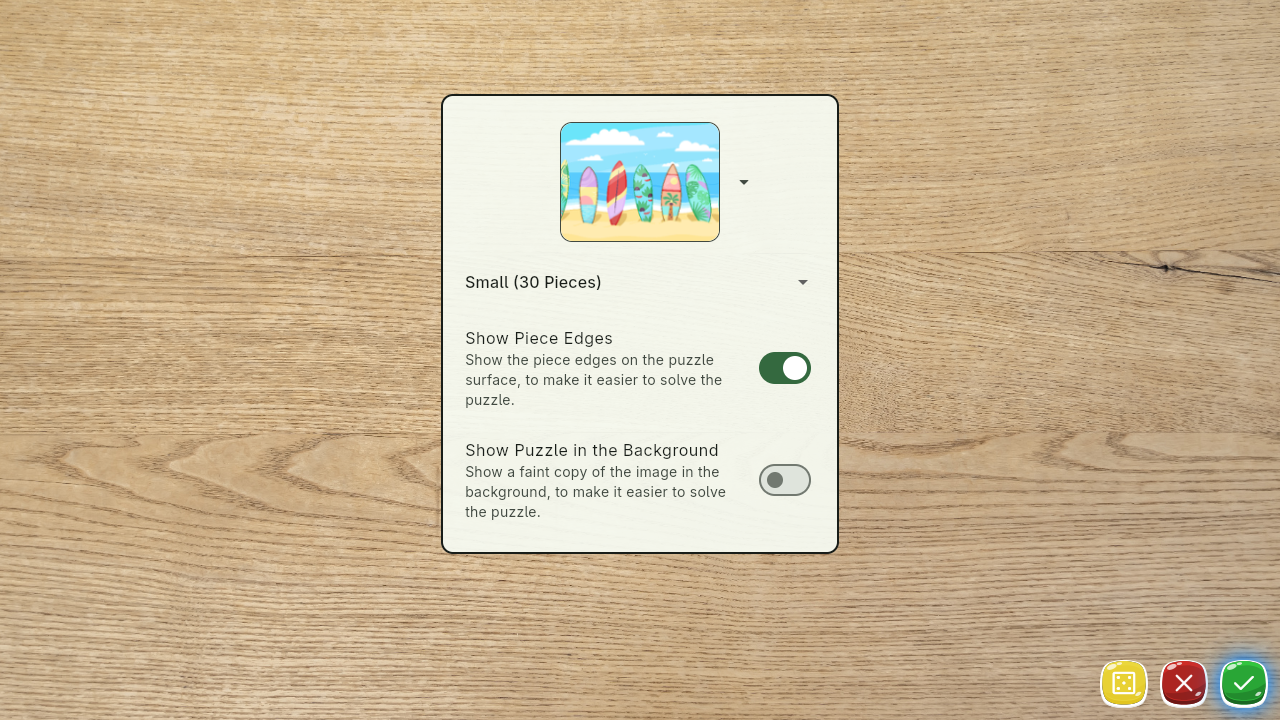 The Puzzles new game screen, where you choose the options for your next game