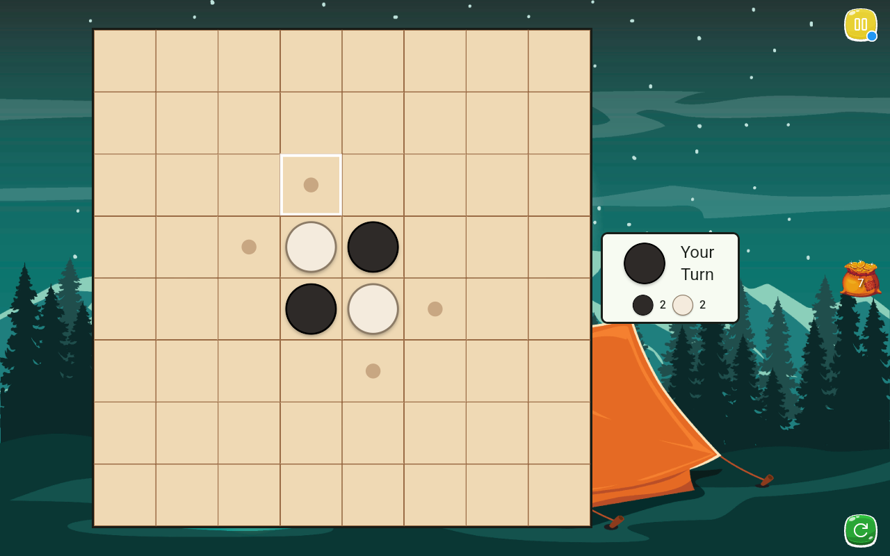 A game of Reversi about to start, with two black and two white discs in the middle of the board and dots marking the squares where you can play