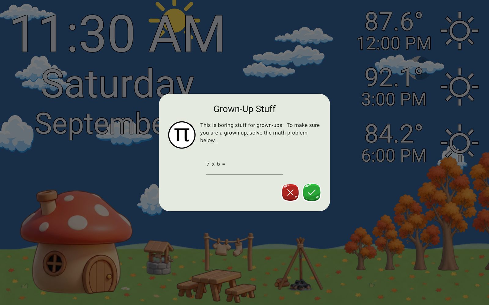 Pi's parental gate, asking a simple multiplication problem before opening the settings menu