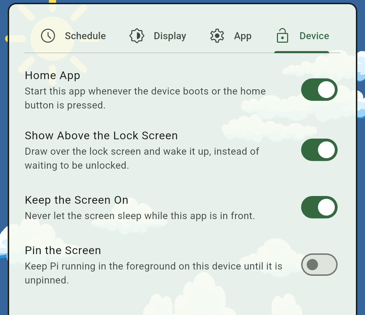 Pi's Device settings tab, showing Home App, Show Above the Lock Screen, Keep the Screen On, and Pin the Screen