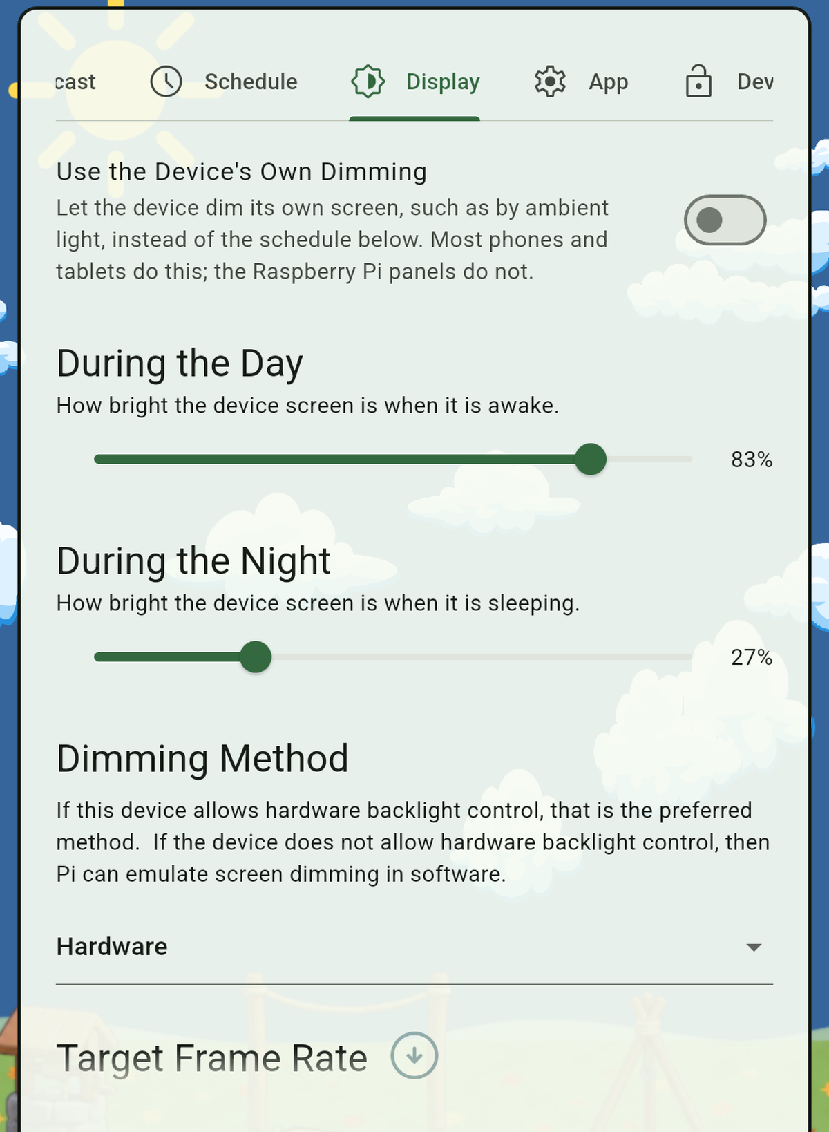 Pi's Display settings tab, showing separate day and night brightness sliders and a dimming method