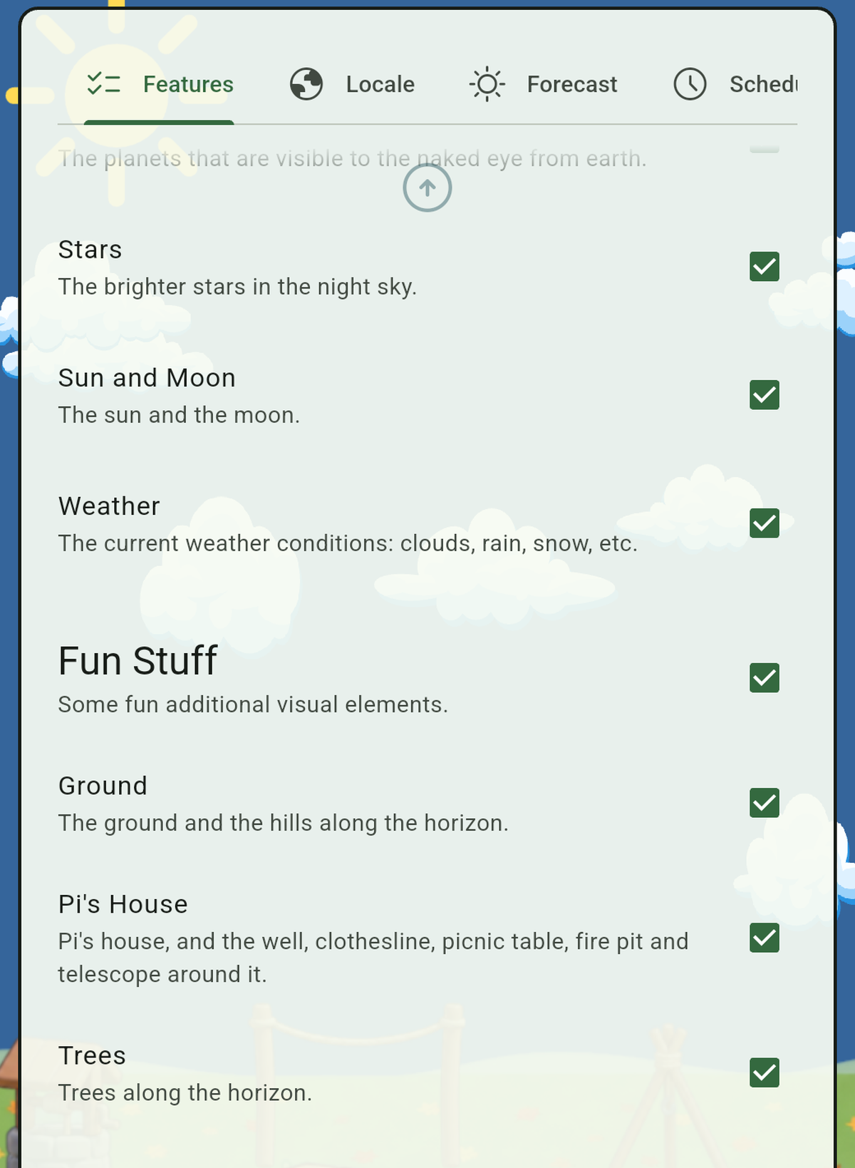 Pi's Features settings tab, with checkboxes for Information, Natural Phenomena, and Fun Stuff