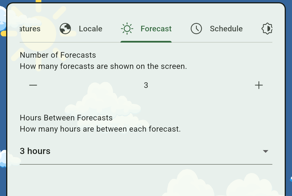 Pi's Forecast settings tab, showing the number of forecasts and hours between forecasts