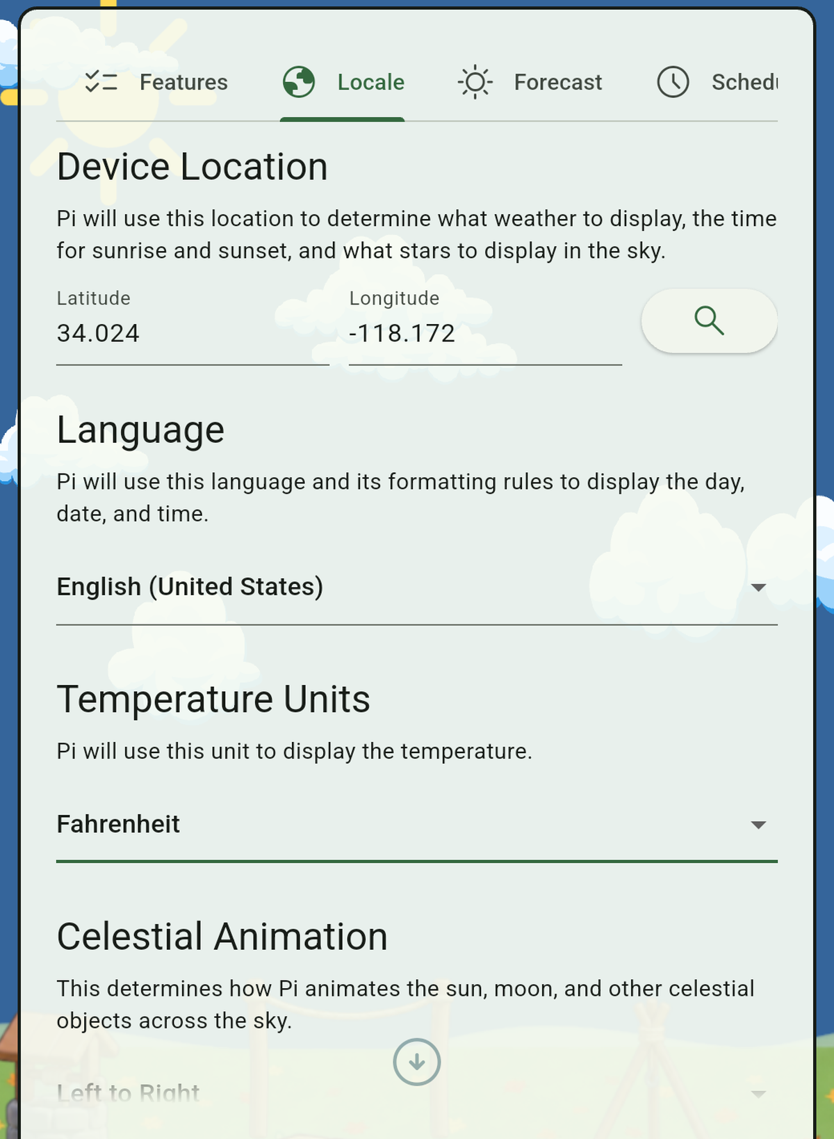 Pi's Locale settings tab, showing device location, language, temperature units, and celestial animation direction