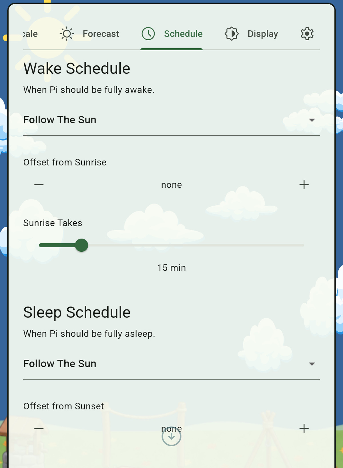 Pi's Schedule settings tab, showing wake and sleep schedules set to follow the sun, with a sunrise and sunset ramp